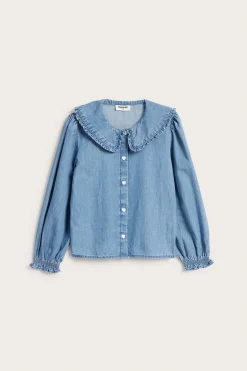 Blus med volangkrage i bomullsdenim