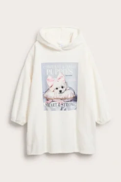 Lång fleecehoodie med hundtryck