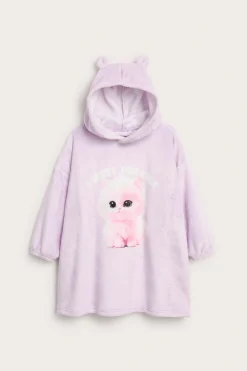 Lång fleecehoodie med kattryck