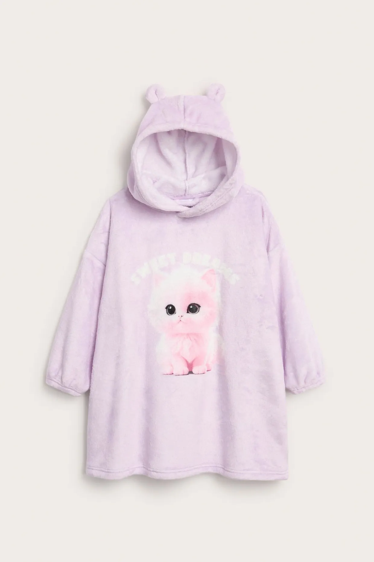 Lång fleecehoodie med kattryck